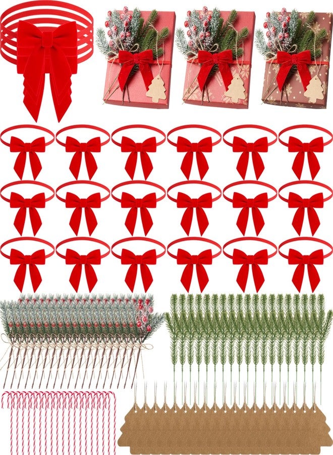 Suncalla 106 Pcs Christmas Velvet Bows Set for Gift Wrapping Elastic Bows for Gift Boxes Stretch Loops with Snow Frosted Berry Pine Picks Candy Cane Tags for Xmas Wrapping Party Favors(Red) - Image 1